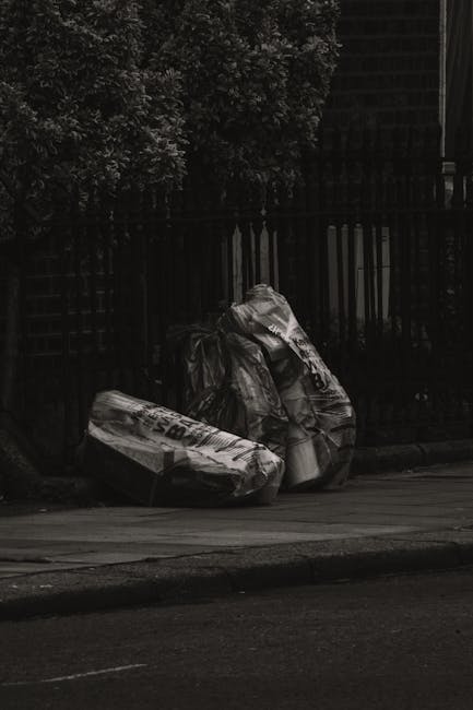 Two large black bin bags made of plastic, filled with waste and tied at the top, are placed on a sidewalk next to a curb. The bags appear to contain household rubbish, with some visible crumples and creases on their surfaces. They are positioned close to a black metal fence with vertical bars, which runs behind them, and a dense, leafy bush is partially visible in the upper left corner of the image. The scene takes place in an outdoor urban environment, with a paved roadway in the foreground and a shadowed background. The lighting is subdued, suggesting a cloudy day or shaded setting. The presence of the bin bags and their location near a row of fencing indicates an alternative waste collection point, potentially serviced by a private waste management provider such as Waste Collection Bow, for rubbish removal and on-site clearance outside of official refuse collection systems.